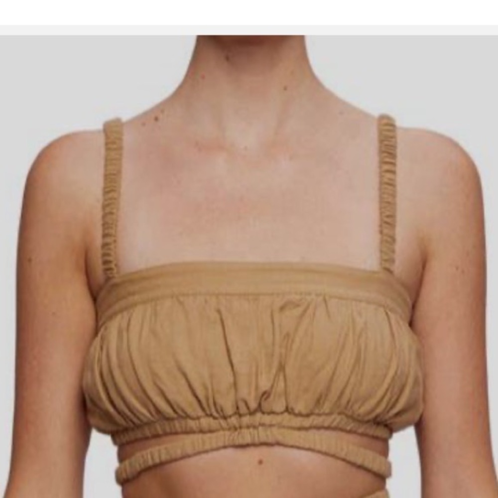 Jonathan Simkhai Womens Brown Clay Washed Ruched Linen Crop Tank Top XS $176